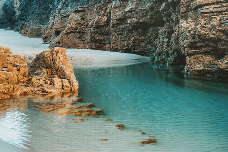 Beach of the cathedrals with large stones of Ribadeo, Lugo, Spain