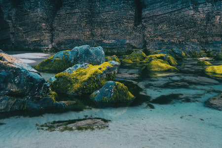 Beach with moss stones, ribadeo, lugo, galician, spainの写真素材