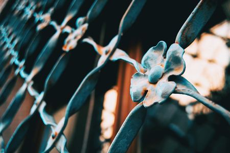 Close-up of a fence of a window with flowers made with forgeの写真素材