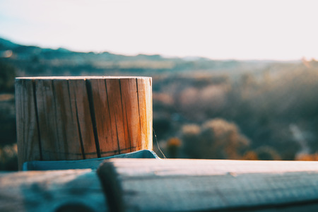 Wooden stump with a sunset light in the backgroundの写真素材