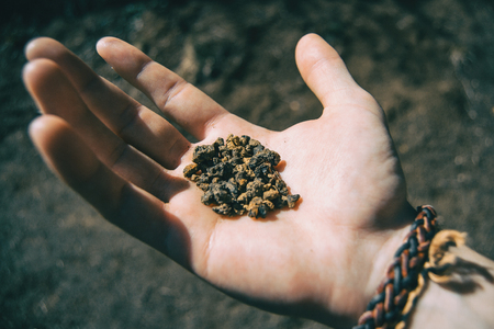 Close-up of some volcanic soil held by a human hand with a braceletの写真素材