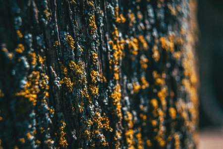 yellow lichen on old wood in the forestの写真素材