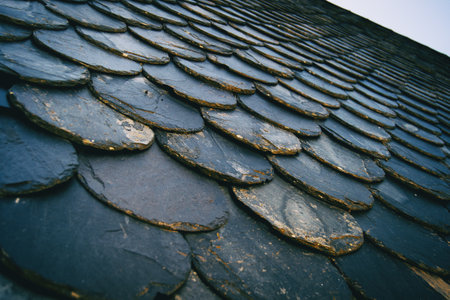 roof with old dark colored tiles, between black and gray. Create a textured pattern from an angled perspectiveの写真素材