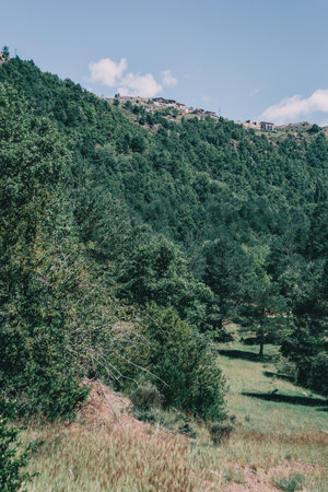 Landscape of the mountains, in Spain. A sunny summer day with green treesの写真素材