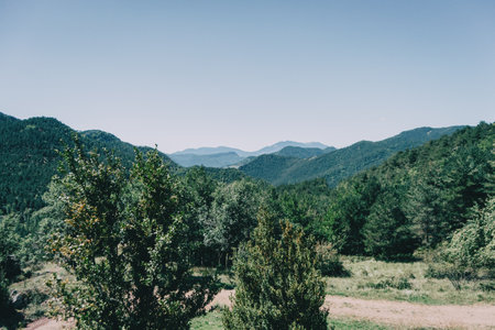 Landscape of the mountains, in Spain. A sunny summer day with green treesの写真素材