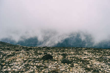 cloudy day with fog in the mountains of the natural park of the ports, in tarragona (spain). Photograph taken from a trail of the trekking pathの写真素材