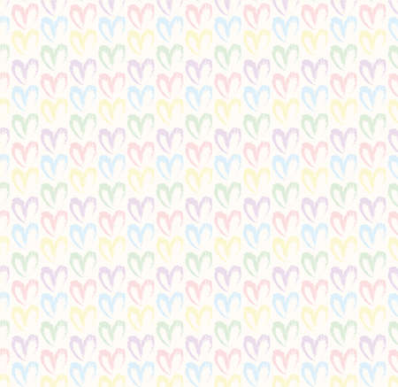 Seamless pattern of hand drawn simple hearts in pastel rainbow colors on beige and neutral backgroundの写真素材
