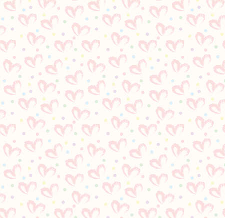 Seamless pattern of hand drawn simple hearts in red on beige and neutral background with colored dots in pastel rainbow colorsの写真素材