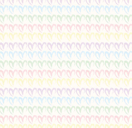 Seamless pattern of hand drawn simple hearts in pastel rainbow colors on beige and neutral backgroundの写真素材
