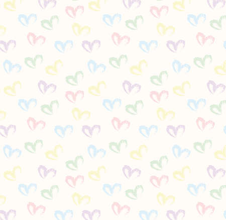 Seamless pattern of hand drawn simple hearts in pastel rainbow colors on beige and neutral backgroundの写真素材