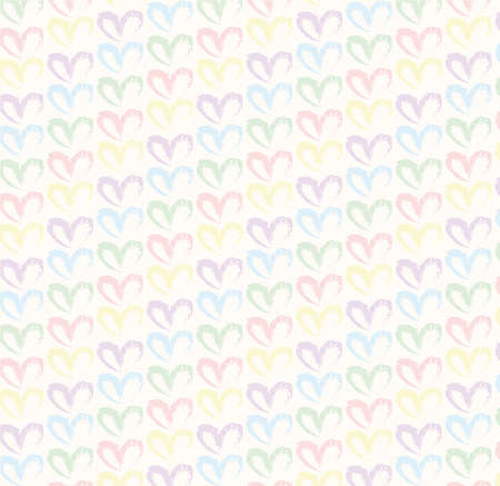 Seamless pattern of hand drawn simple hearts in pastel rainbow colors on beige and neutral backgroundの写真素材
