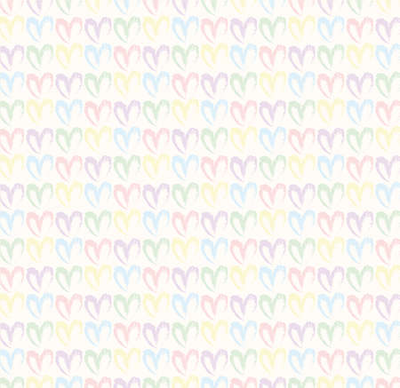 Seamless pattern of hand drawn simple hearts in pastel rainbow colors on beige and neutral backgroundの写真素材