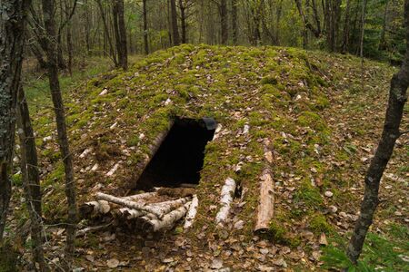 Military underground bunker camouflaged by logs and moss among the autumn forestの写真素材