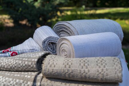 Woven products, homespun, five rolls of patterned hand-woven fabrics