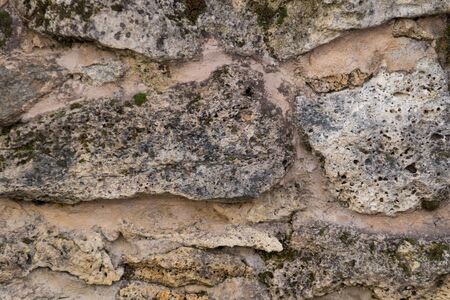 Texture of the stone foot of a mountain, rock or cliff of gray color interspersed with mossの写真素材