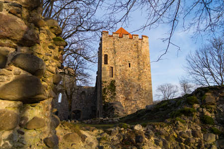 Tower of the medieval Sigulda Crusader Castle (Zegevold Castle), Sigulda, Latviaのeditorial素材
