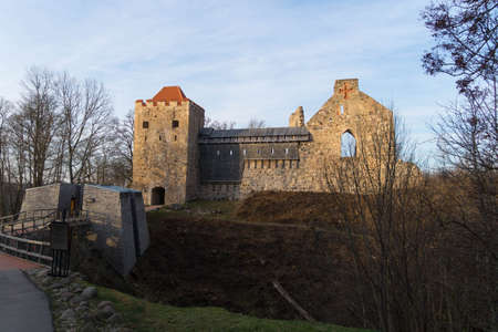 Gate tower and fragments of the chapel walls of the medieval Sigulda Crusader castle (Zegevold castle), Latviaのeditorial素材