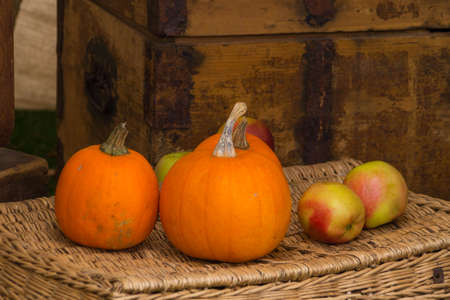 Still life of pumpkins and apples on the cover of a wicker basket on the background of a wooden chestの写真素材