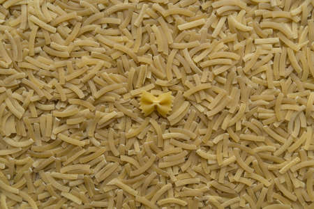 One farfalle with finely chopped noodles scattered on a flat surfaceの写真素材