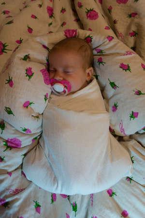 A newborn small child, wrapped in a white diaper in a fetal position, sleeps with a pacifier in its mouth in a nest made of a blanket with rosesの写真素材