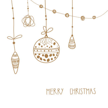 Christmas Greeting card. Hand drawn Christmas tree decorations and text Marry Christmas on a white backgroud.のイラスト素材