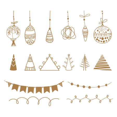 Christmas and New Year hand drawn elements. Illustration of Christmas tree decorations, stylized Christmas tree, garland and light bulbsのイラスト素材