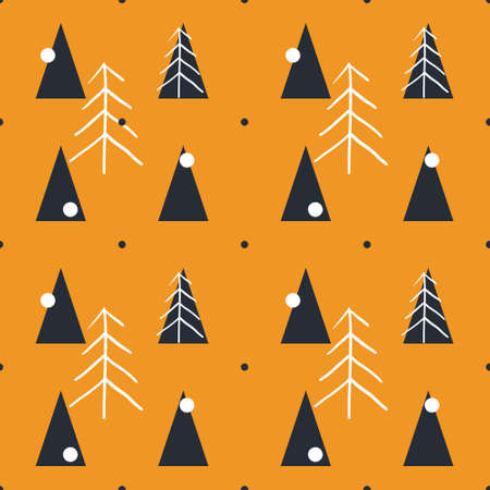 Christmas and New Year pattern. Seamless simple pattern with hand drawn Christmas tree on yellow background. Texture for fabric, textile, poster, card, print, invitation, wrapperのイラスト素材