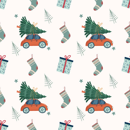 New Year and Christmas pattern. Seamless pattern with retro red car with Christmas tree. Christmas socks and gift. Texture for fabric, textile, poster, cover, card, print, invitation, wrapperのイラスト素材