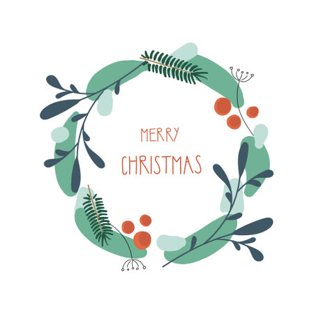 Christmas and New Year wreath with hand drawn text Merry Christmas, Hapy New Year. Pine wreath. Decorative element.のイラスト素材