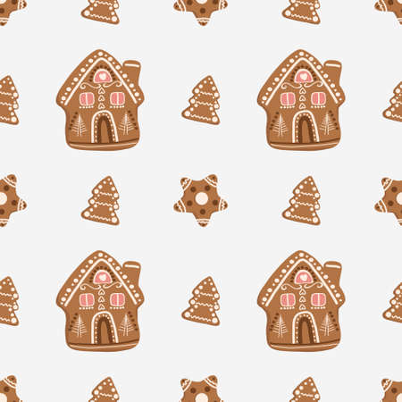 Christmas and New Year hand drawn pattern. Seamless simple pattern with gingerbread Christmas fir tree, house, star. Texture for fabric, textile, poster, card, print, invitation, wrapper, coverのイラスト素材