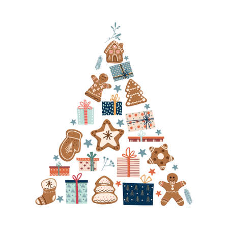 Christmas and New Year card design. Gift boxes and gingerbread cookies making pine tree shape. Greeting Christmas card, invitation. Christmas tree or pine tree on a white backgroundのイラスト素材