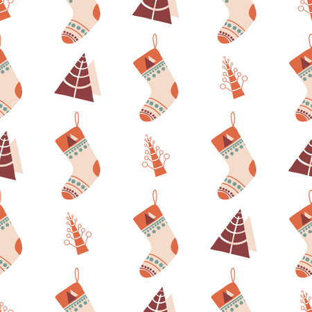 Christmas and New Year pattern. Seamless simple pattern with abstract Christmas tree and socks. Texture for fabric, textile, poster, card, print, invitation, wrapperのイラスト素材