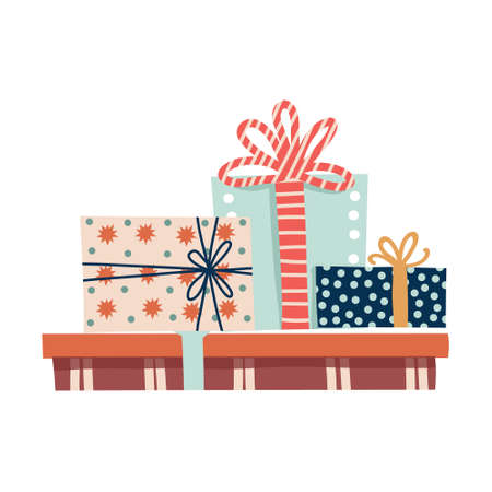 Birthday or Christmas, gifts and presents. Cute hand drawn gift boxes. Stack of giftsのイラスト素材