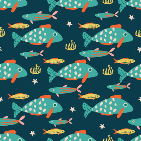 Vector hand drawn childish seamless repeating simple flat pattern with fish on dark background. Childish texture for fabric, wallpaper, textile, apparel. Sea. Ocean. Fishes pattern. Aquariumのイラスト素材