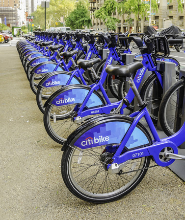 NEW YORK - 30.10.2013: Citi bike station ready for business in New York on October 30, 2013. NYC bike share system ready to hit the road in Manhattan and Brooklyn on Citi Bike public sharing bicycle station with bikes ready to be rented to customer.のeditorial素材