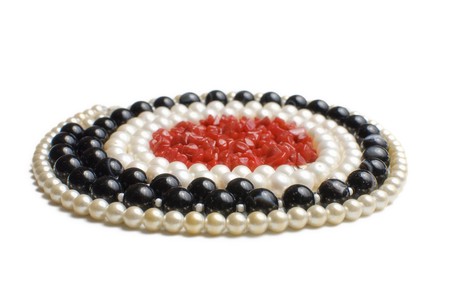 Pearl, agate and coral necklases isolated on white background.の写真素材