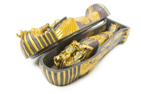 Opened small pharaoh tomb and mummy isolated on white backgroundの写真素材