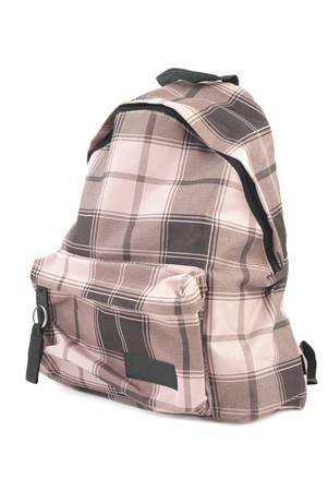 Pink polyester backpack. Isolated on white backgroundの写真素材