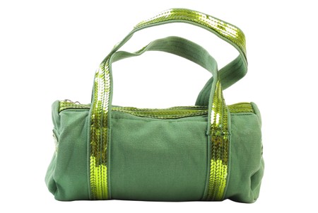Green textile female handbag. Isolated on white backgroundの写真素材