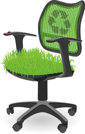 Green office chair with grass at the seat and ladybug insect used as a metaphor of the ecology protection and ECO working place for everyone. Used blends and meshes. Eps 10のイラスト素材