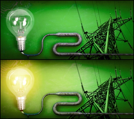 Electricity concept over green background. Turned on and off light bulb and pylon connected by a pipeの写真素材