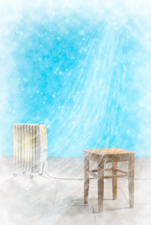 Empty room with heating electric radiator and wooden chair. Wind and falling snow from all sides. Natural disaster, energy saving, economy crisis of poverty concept.の写真素材
