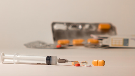 Different kind of medications  injection or pills   But this can also be addiction drugの写真素材