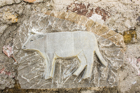 medieval decoration on a brick wallの写真素材