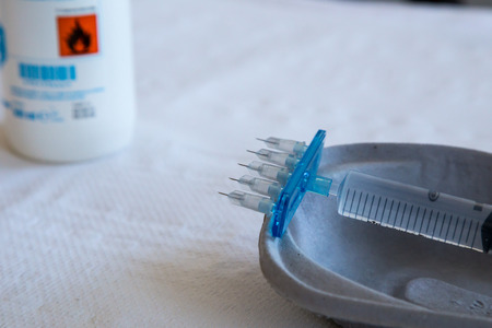 a typical syringe for mesotherapy with five micro-needles ready for useの写真素材