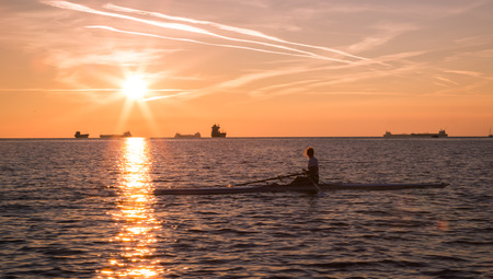 with a kayak in the bay of Triesteの写真素材