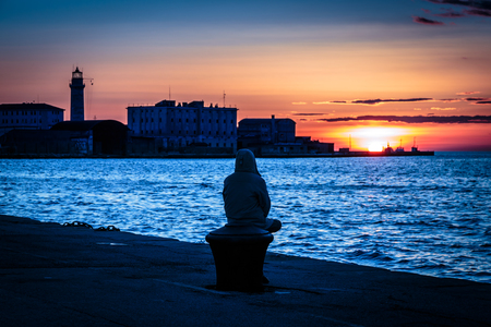 Winter evening in the port of Trieste, Italyの写真素材
