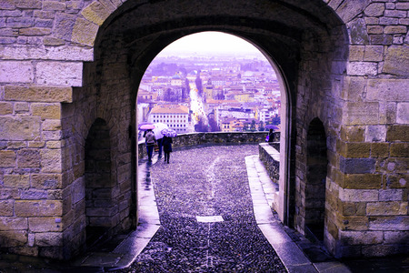 The rain fall down in the city of Bergamoの写真素材