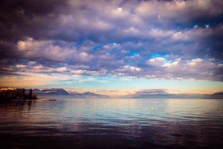 reflection of the lake of Garda, in the town of Desenzanoの写真素材