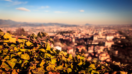 The sun goes down on the city of Bergamo, Italyの写真素材